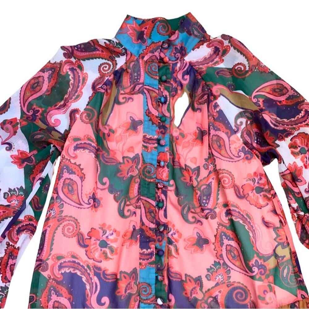 Colorful Pink Paisley Floral Print Long Sleeve Short Dress L’Atiste Small Mini - Picture 3 of 14